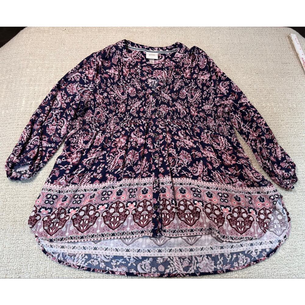 Knox Rose Peasant Top Long Sleeve Button Front Paisley Flowy Romantic Womens XL